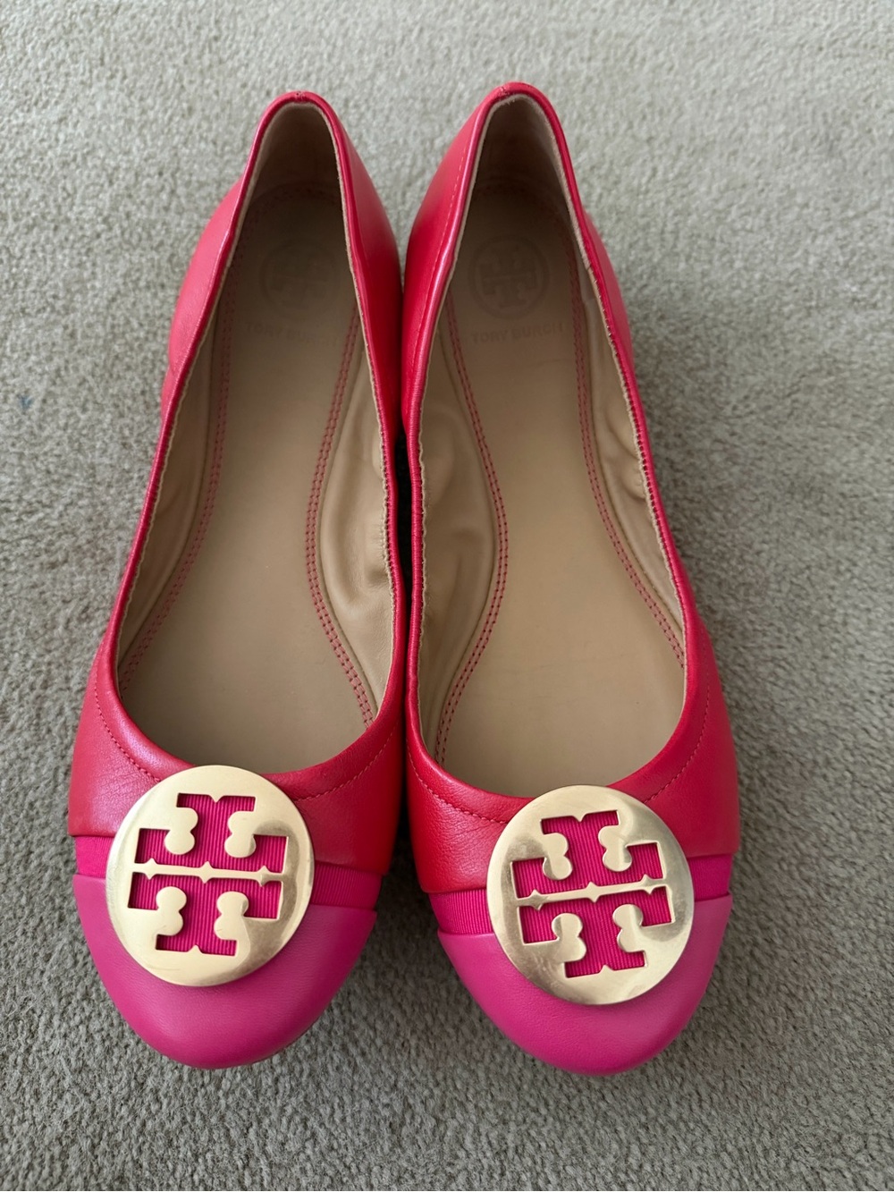 Tory Burch Pink and Red Leather Logo Ballet Flats